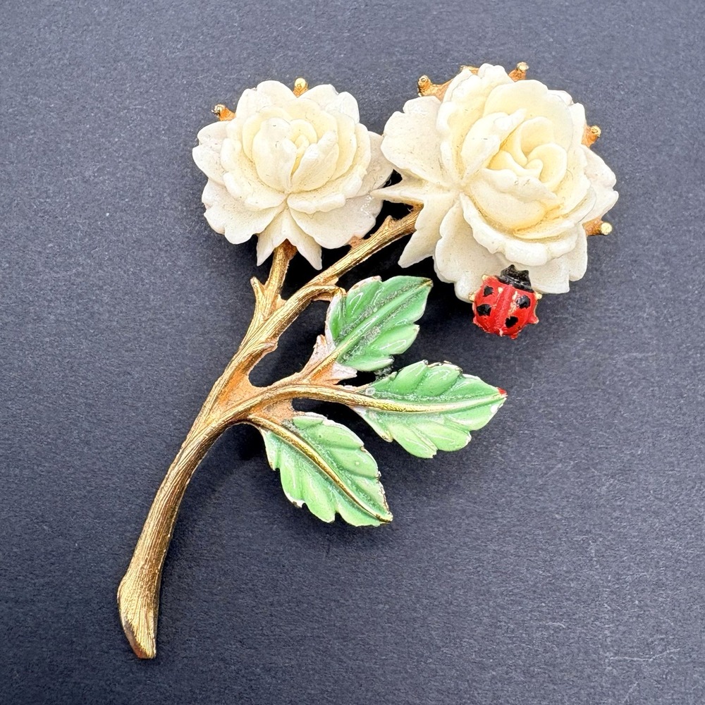 Vintage JJ Jonette Molded White Double Rose Flower With Ladybug Pin Brooch